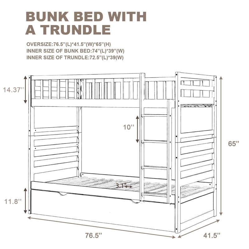 CRO Decor Twin Bunk Beds for Kids with Safety Rail and Movable Trundle Bed-Brown