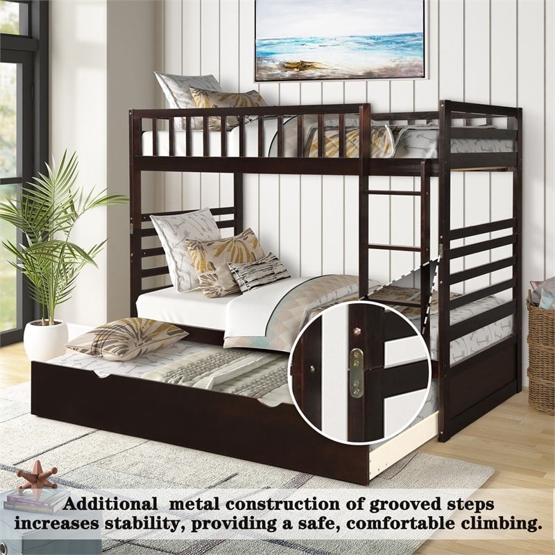 CRO Decor Twin Bunk Beds for Kids with Safety Rail and Movable Trundle Bed-Brown