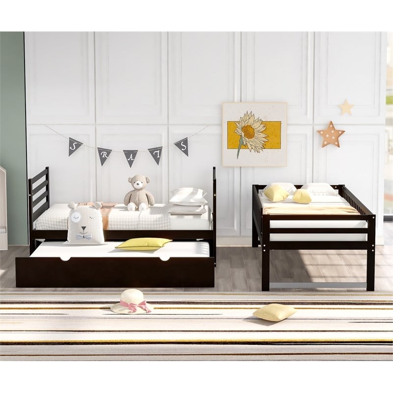 CRO Decor Twin Bunk Beds for Kids with Safety Rail and Movable Trundle Bed-Brown