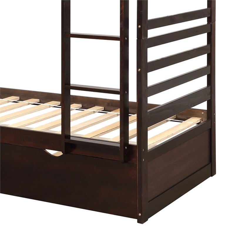 CRO Decor Twin Bunk Beds for Kids with Safety Rail and Movable Trundle Bed-Brown