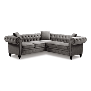 cro decor 80'' tufted velvet upholstered l shaped sectional sofa 3 pillows gray