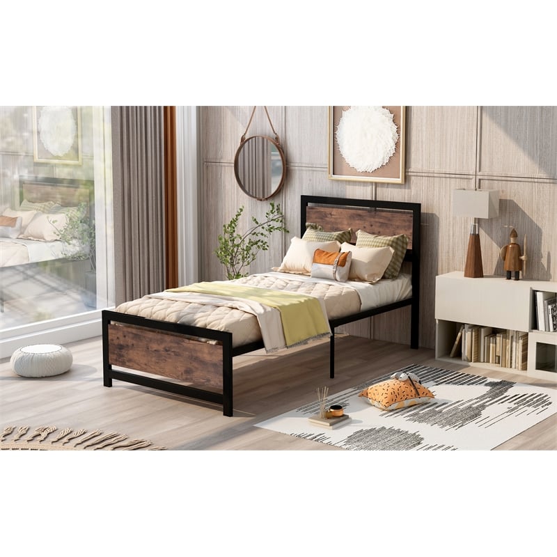 CRO Decor Metal and Wood Bed Frame with Headboard and FootboardTwin Size -Black
