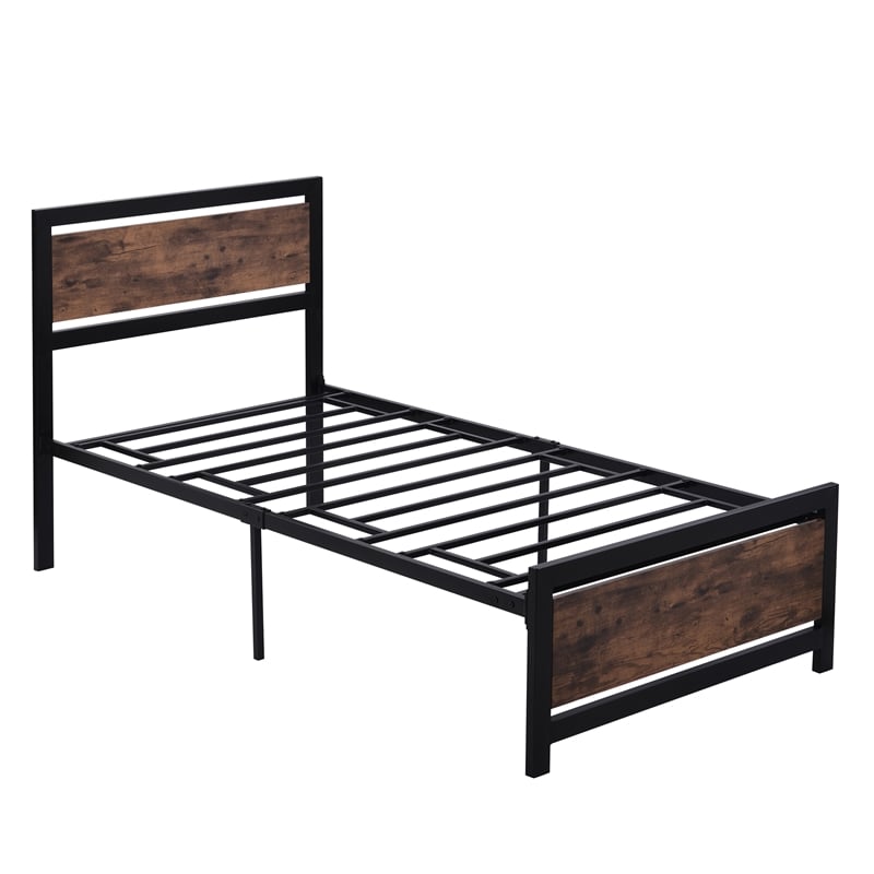 CRO Decor Metal and Wood Bed Frame with Headboard and FootboardTwin Size -Black
