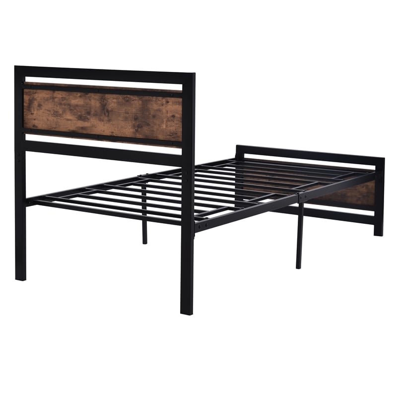 CRO Decor Metal and Wood Bed Frame with Headboard and FootboardTwin Size -Black