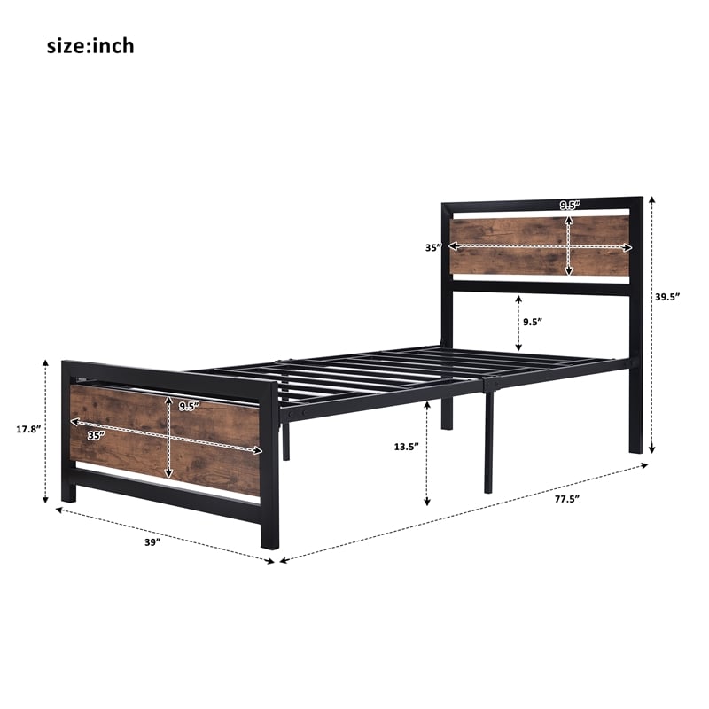 CRO Decor Metal and Wood Bed Frame with Headboard and FootboardTwin Size -Black