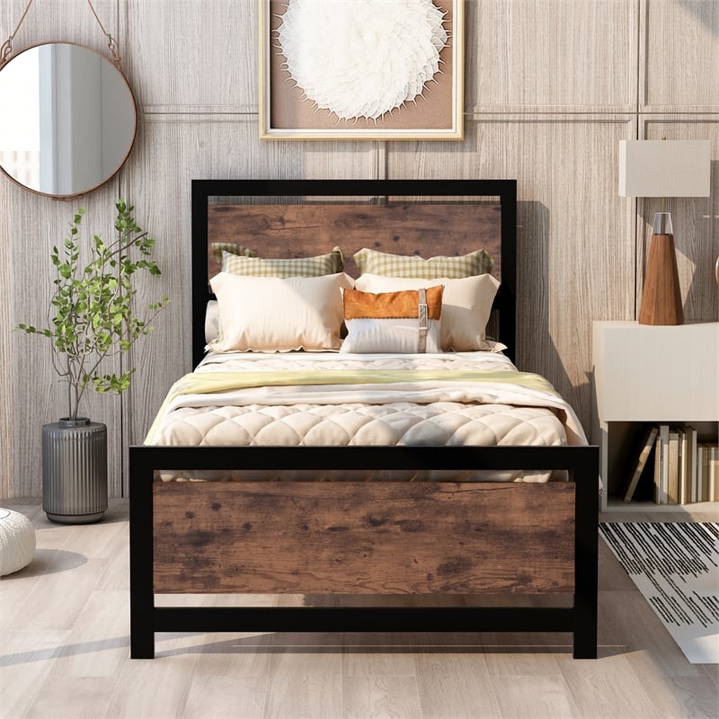 CRO Decor Metal and Wood Bed Frame with Headboard and FootboardTwin Size -Black