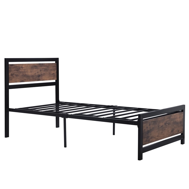 CRO Decor Metal and Wood Bed Frame with Headboard and FootboardTwin Size -Black