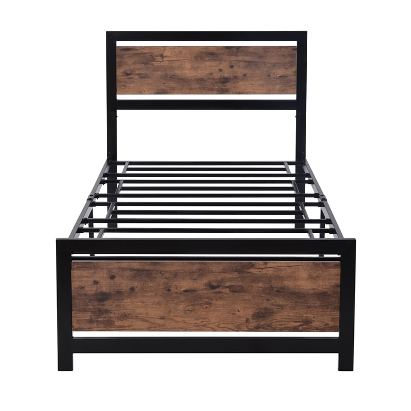 CRO Decor Metal and Wood Bed Frame with Headboard and FootboardTwin Size -Black