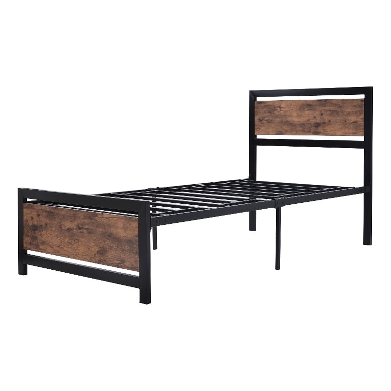 CRO Decor Metal and Wood Bed Frame with Headboard and FootboardTwin Size -Black