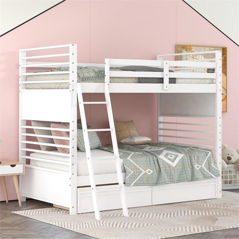CRO Decor Twin over Twin Wood Bunk Bed with Two Drawers (White)