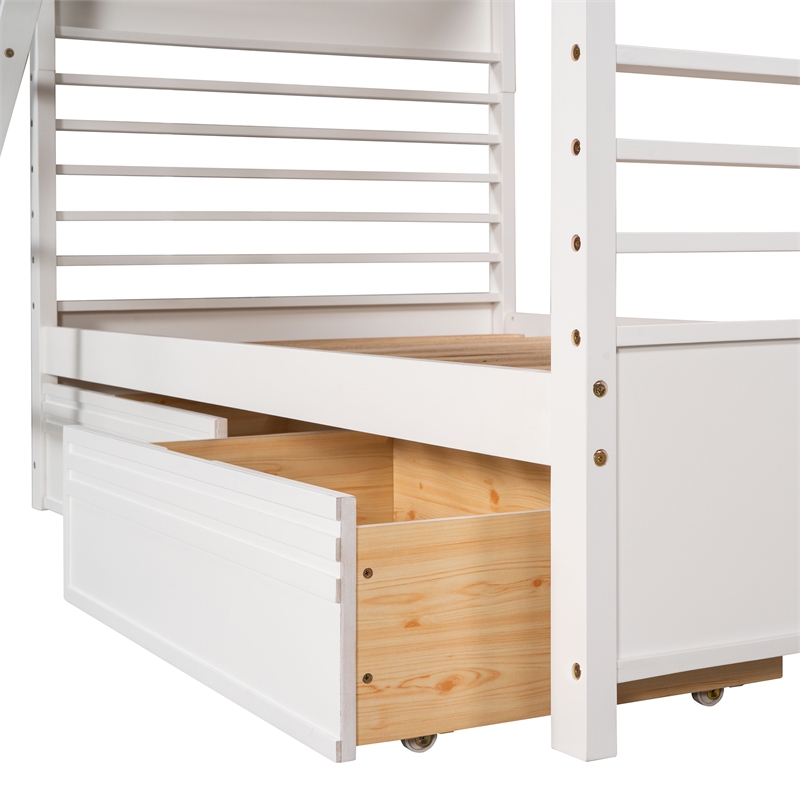CRO Decor Twin over Twin Wood Bunk Bed with Two Drawers (White)