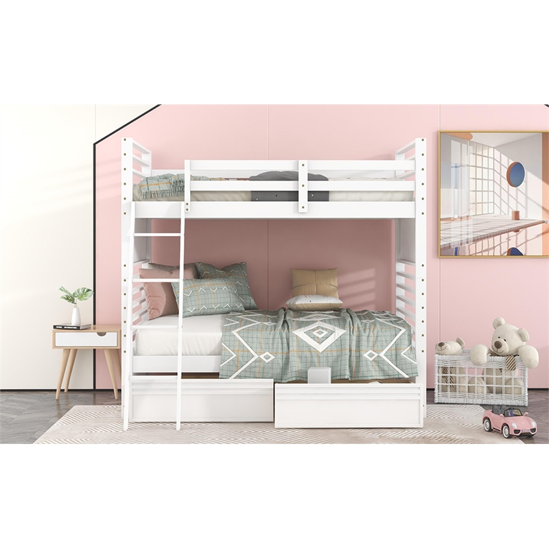 CRO Decor Twin over Twin Wood Bunk Bed with Two Drawers (White)