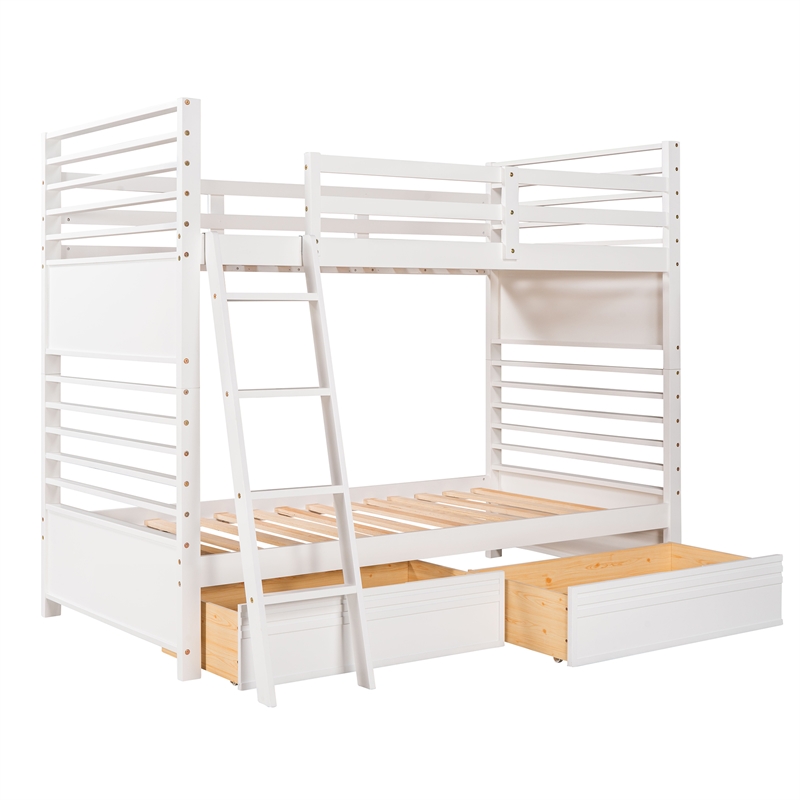 CRO Decor Twin over Twin Wood Bunk Bed with Two Drawers (White)