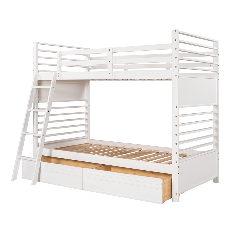 CRO Decor Twin over Twin Wood Bunk Bed with Two Drawers (White)