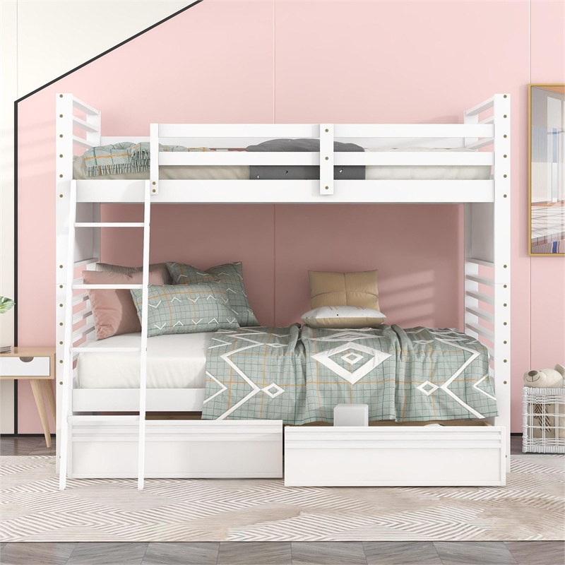 CRO Decor Twin over Twin Wood Bunk Bed with Two Drawers (White)
