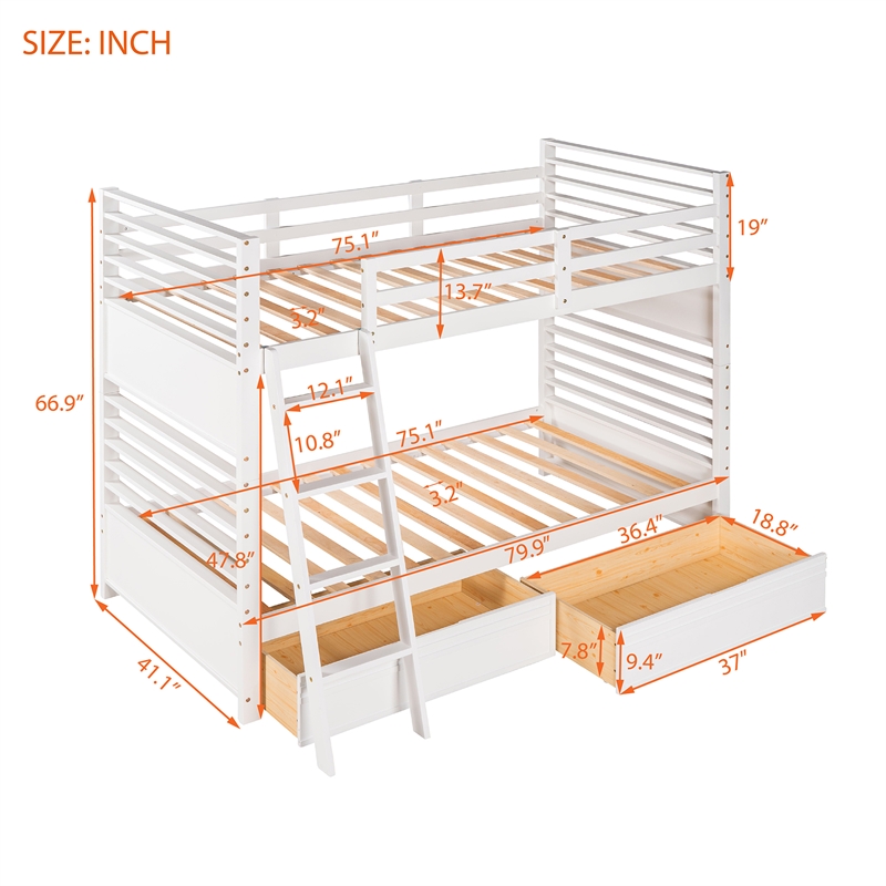 CRO Decor Twin over Twin Wood Bunk Bed with Two Drawers (White)