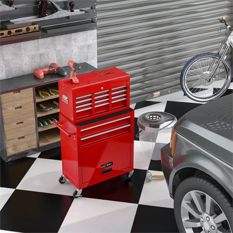 CRO Decor High Capacity Tool Chest with Wheels 8 Drawers Tool Storage (Red)