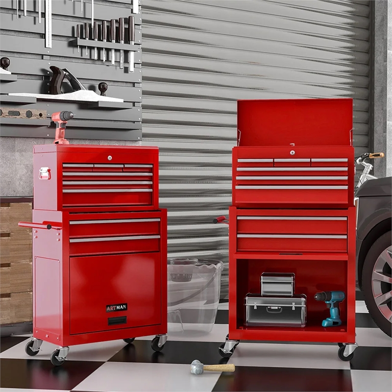 CRO Decor High Capacity Tool Chest with Wheels 8 Drawers Tool Storage (Red)
