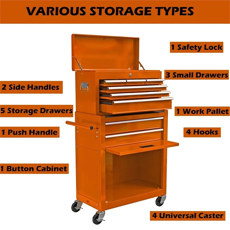 CRO Decor High Capacity Tool Chest with Wheels 8 Drawers Tool Storage (Orange)