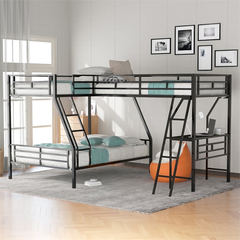 CRO Decor Twin over Full Bunk Bed with a Loft Bed attached with Desk-Metal Black