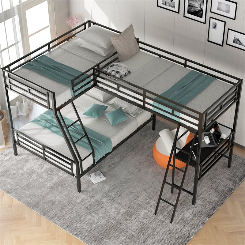 CRO Decor Twin over Full Bunk Bed with a Loft Bed attached with Desk-Metal Black