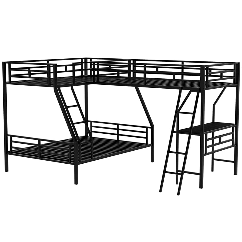 CRO Decor Twin over Full Bunk Bed with a Loft Bed attached with Desk-Metal Black
