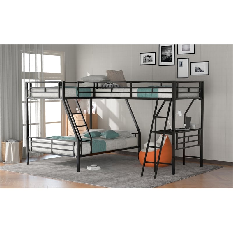 CRO Decor Twin over Full Bunk Bed with a Loft Bed attached with Desk-Metal Black