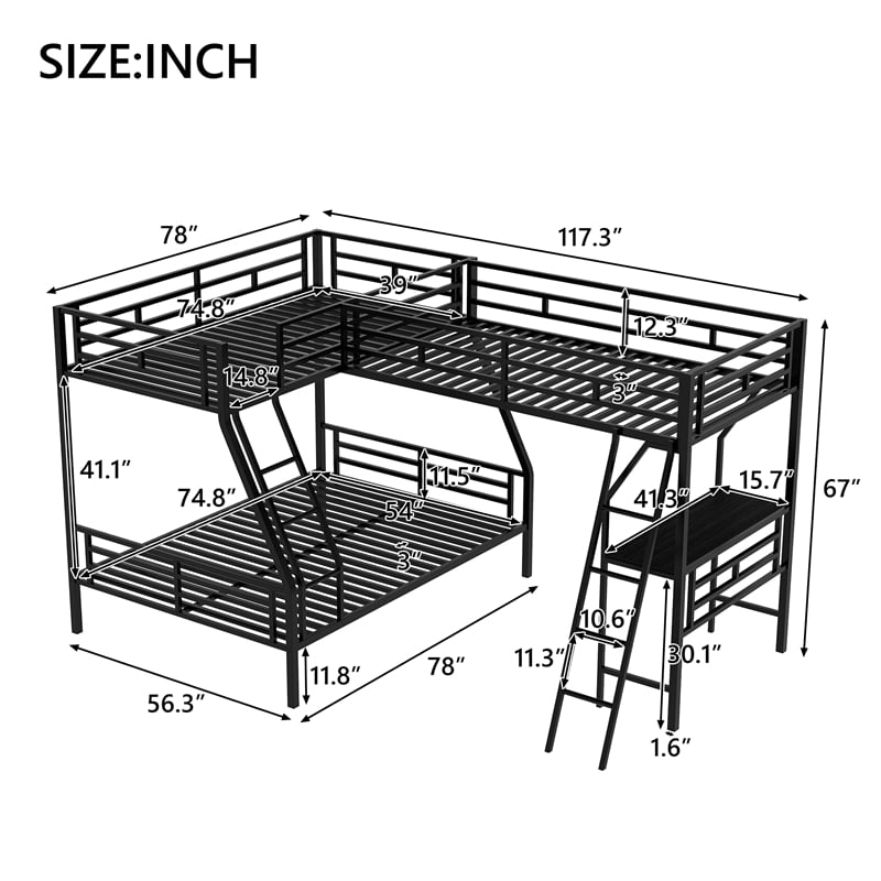 CRO Decor Twin over Full Bunk Bed with a Loft Bed attached with Desk-Metal Black