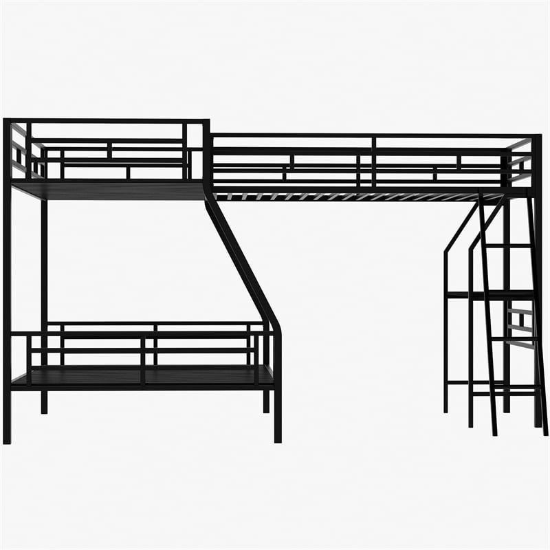 CRO Decor Twin over Full Bunk Bed with a Loft Bed attached with Desk-Metal Black