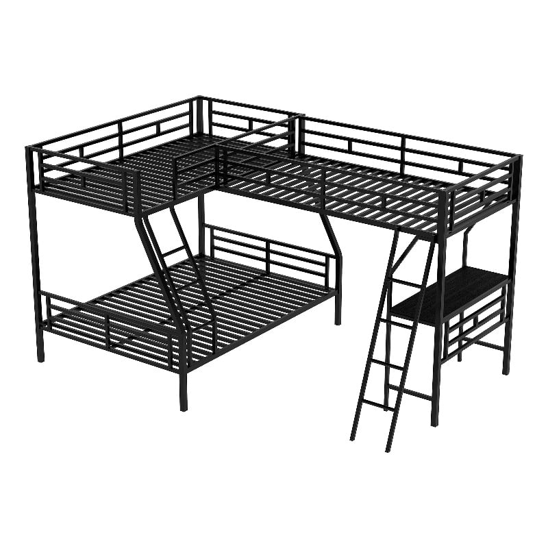 CRO Decor Twin over Full Bunk Bed with a Loft Bed attached with Desk-Metal Black