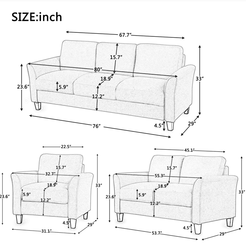 CRO Decor 3 Piece Polyester-blend Sofa Set Upholstered for Living Room (Black)