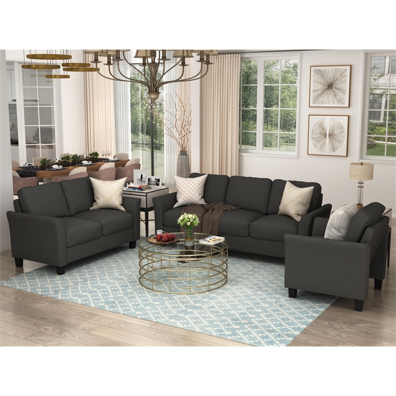 CRO Decor 3 Piece Polyester-blend Sofa Set Upholstered for Living Room (Black)
