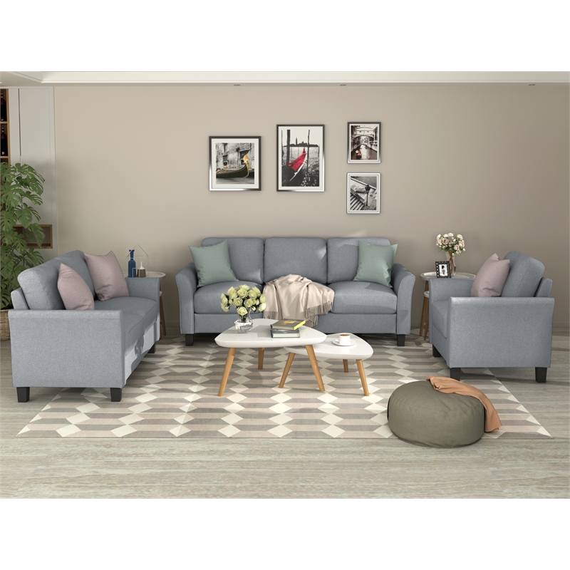 CRO Decor 3 Pieces Living Room Sectional Sofa Linen Upholstered Gray+Fabric