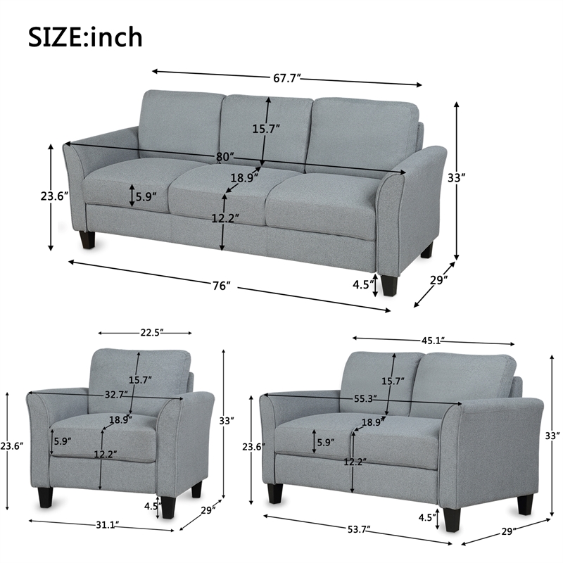 CRO Decor 3 Pieces Living Room Sectional Sofa Linen Upholstered Gray+Fabric