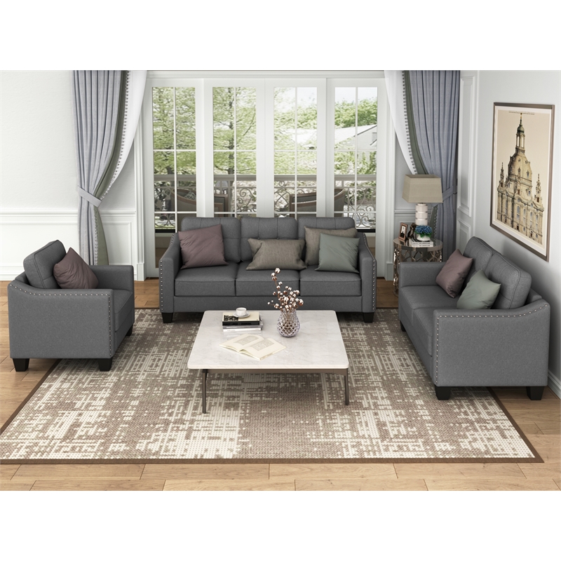 CRO Decor 3 Piece Sectional Sofa Linen Living Room Set with Tufted Cushions