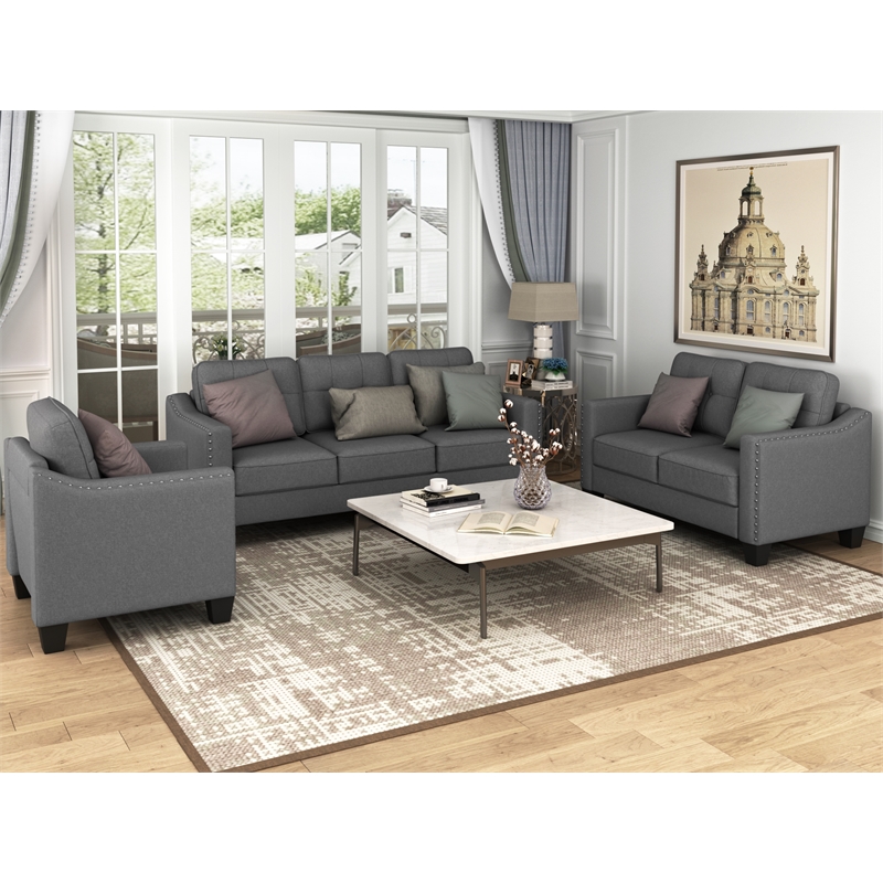 CRO Decor 3 Piece Sectional Sofa Linen Living Room Set with Tufted Cushions