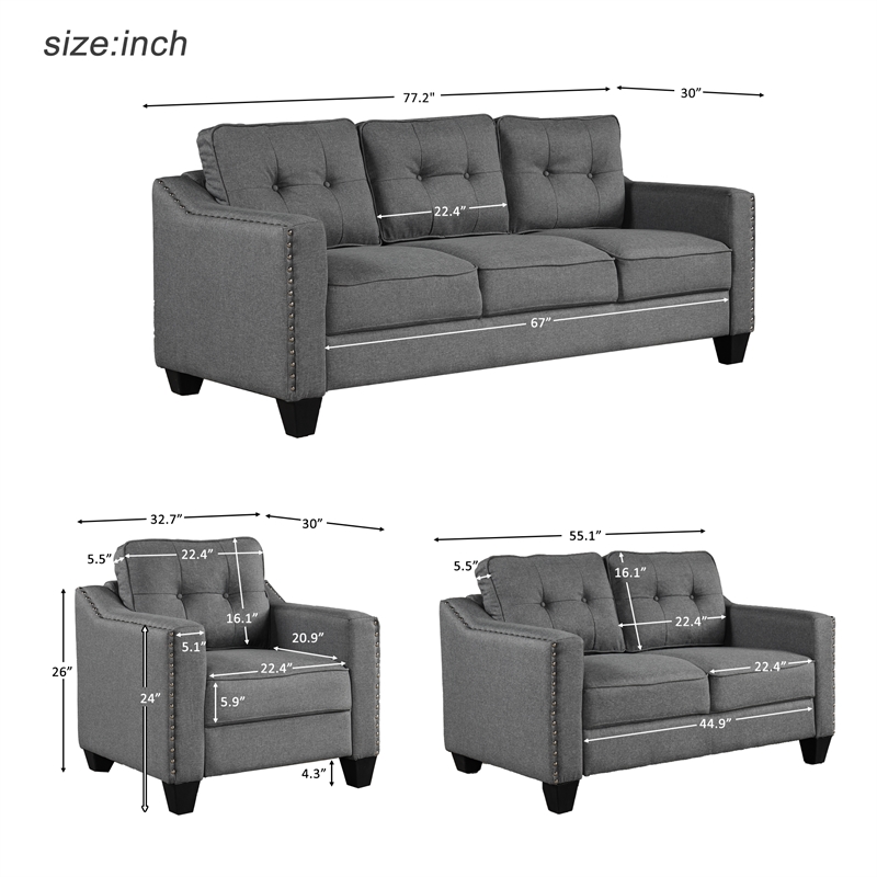 CRO Decor 3 Piece Sectional Sofa Linen Living Room Set with Tufted Cushions