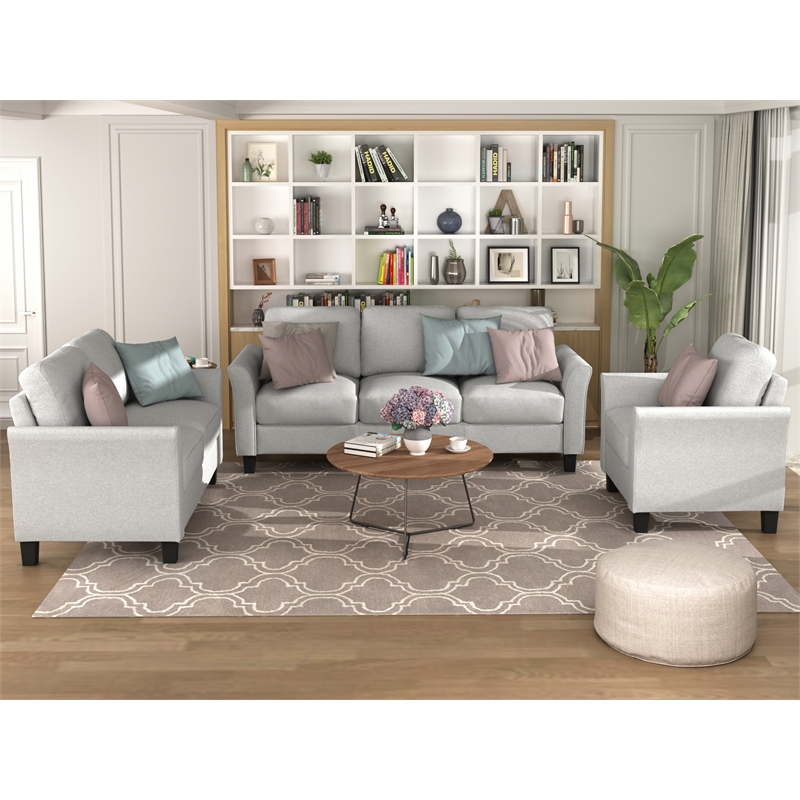 CRO Decor 3 Piece Sectional Sofa Set Living Room Fabric Furniture (Light Gray)