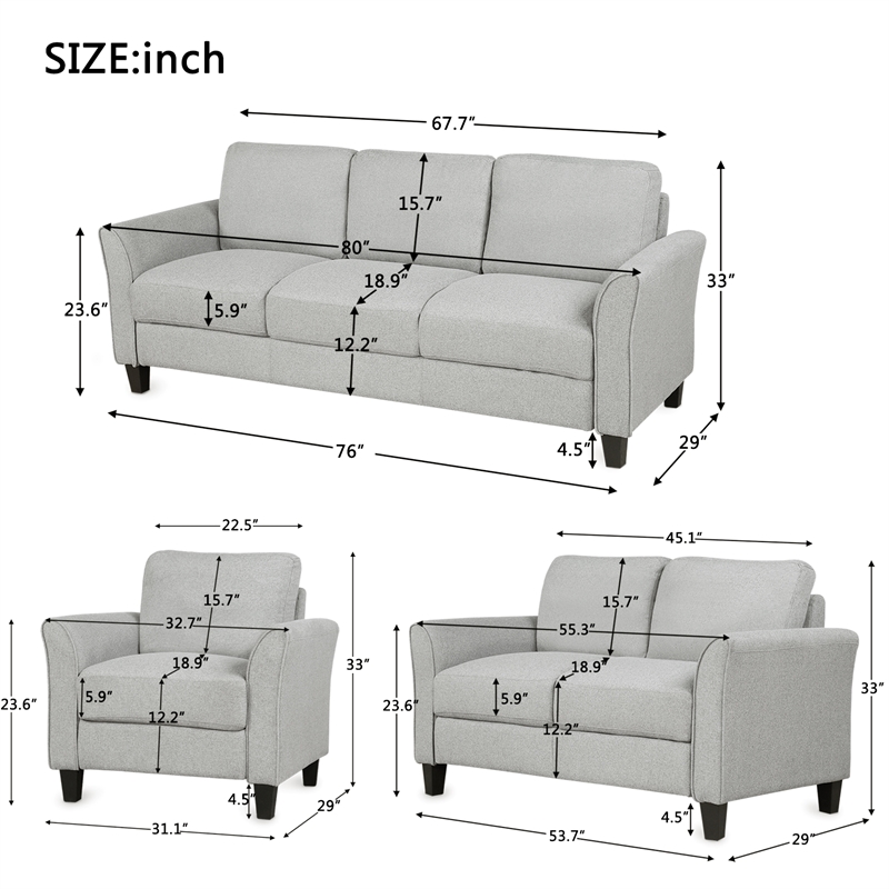 CRO Decor 3 Piece Sectional Sofa Set Living Room Fabric Furniture (Light Gray)