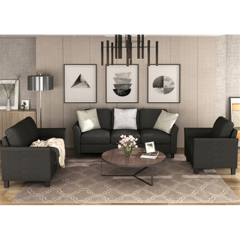 CRO Decor 3 Piece Sectional Sofa Set Living Room Soft Linen Fabric (Black)