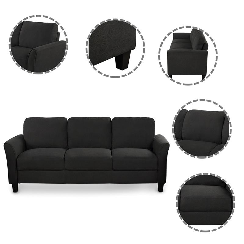 CRO Decor 3 Piece Sectional Sofa Set Living Room Soft Linen Fabric (Black)