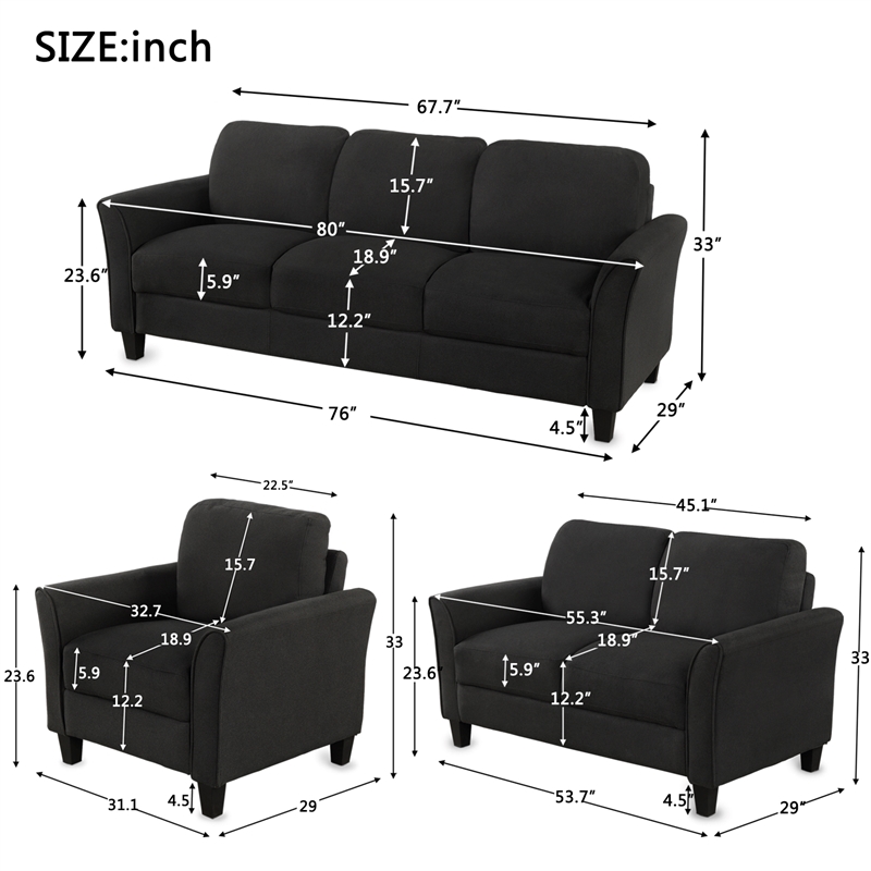CRO Decor 3 Piece Sectional Sofa Set Living Room Soft Linen Fabric (Black)