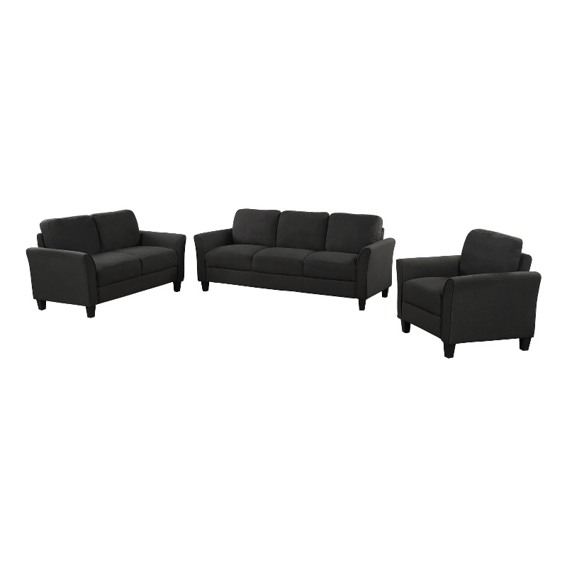 CRO Decor 3 Piece Sectional Sofa Set Living Room Soft Linen Fabric (Black)