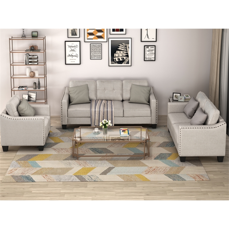 CRO Decor 3 Piece Sectional Sofa Set Living Room Linen Furniture (Beige)