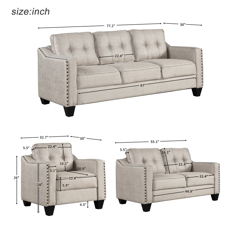 CRO Decor 3 Piece Sectional Sofa Set Living Room Linen Furniture (Beige)