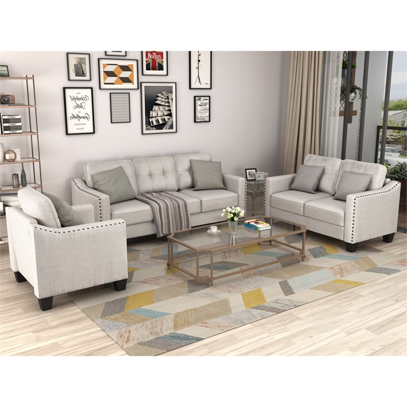 CRO Decor 3 Piece Sectional Sofa Set Living Room Linen Furniture (Beige)