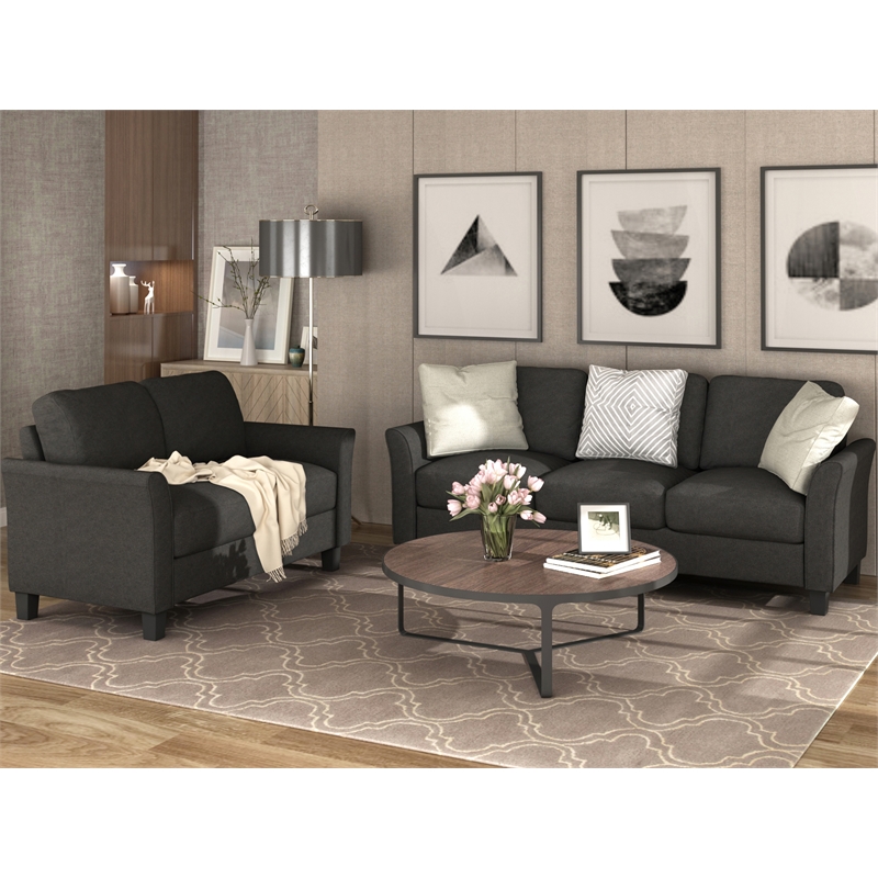 CRO Decor 2-Piece Linen Fabric Upholstered Sofa Set -Black (2+3 Seat)