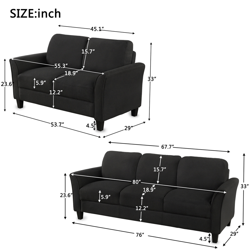 CRO Decor 2-Piece Linen Fabric Upholstered Sofa Set -Black (2+3 Seat)