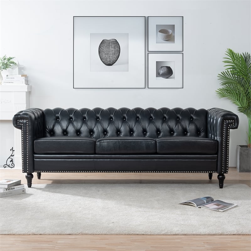 CRO Decor 83.5'' Traditional Square Arm Removable Cushion 3 Seater Sofa (Black)