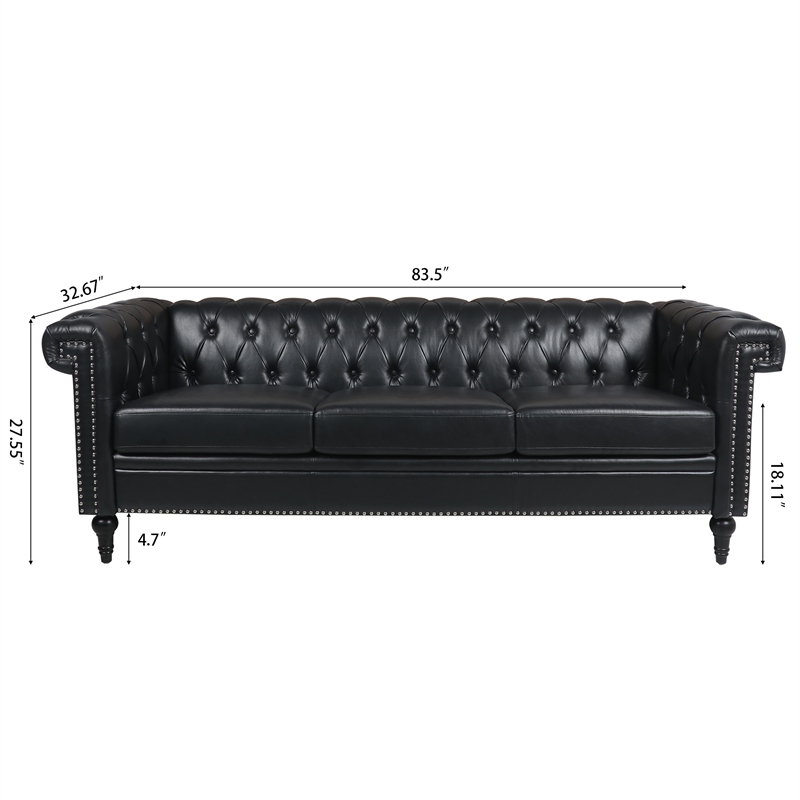 CRO Decor 83.5'' Traditional Square Arm Removable Cushion 3 Seater Sofa (Black)